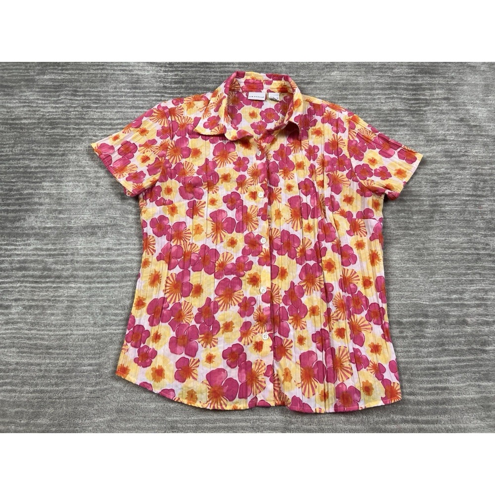 Kim Rogers Top Womens Large Pink Floral Short Sleeve Button Up Polyester Blend